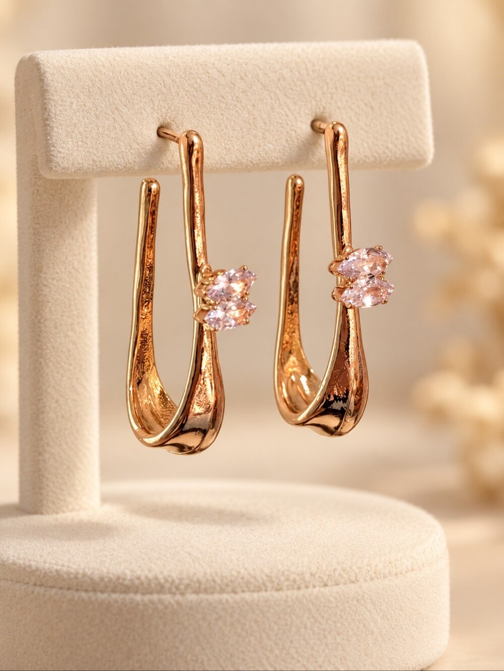 Gold Drop Hoop Earrings with White Stones